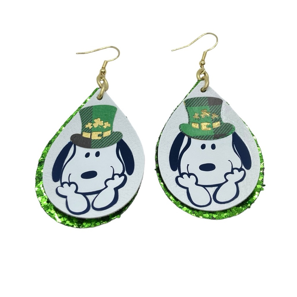 St.Patricks Day Snoopy Faux Leather Teardrop Earrings - Picture 6 of 7